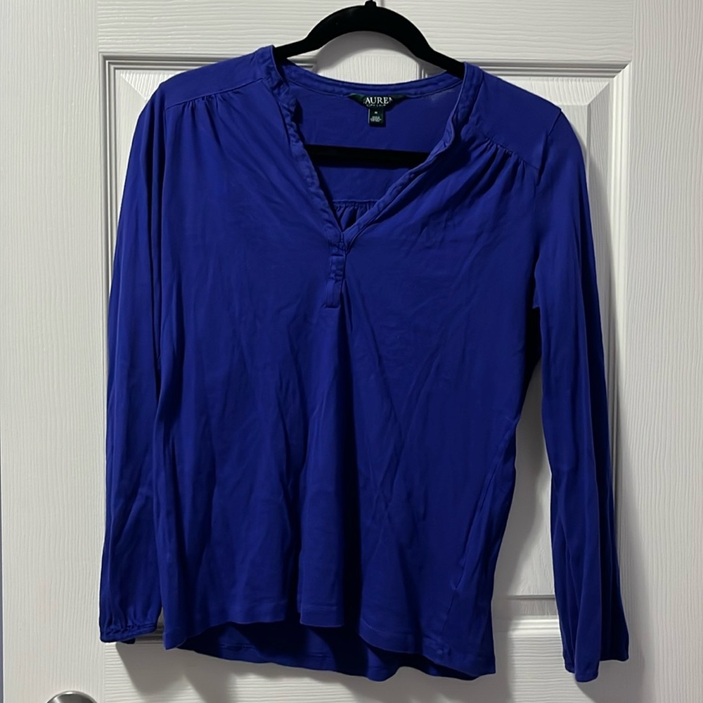 Women's Lauren Ralph Lauren Long-Sleeve V-Neck Top Medium T-Shirt Tee Cuffs